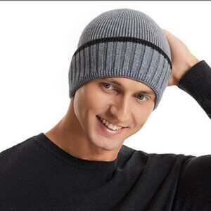 2/$30 Men Gray Ribbed Knit Beanie Hat Black Stripe Cuff Winter Ski Warm Wool